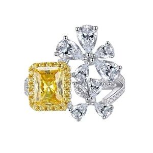 Sterling Silvery Ring With High Carbon Yellow & White Rhinestone, Flower Perfect